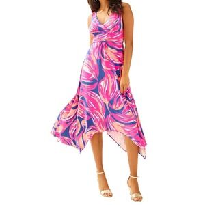 Lilly Pulitzer Sloane Dress Bomber Blue Plume Bloom Pink Handkerchief Hem Midi M